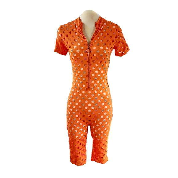 Orange Fishnet Zip Front Romper Size Small - Picture 2 of 5